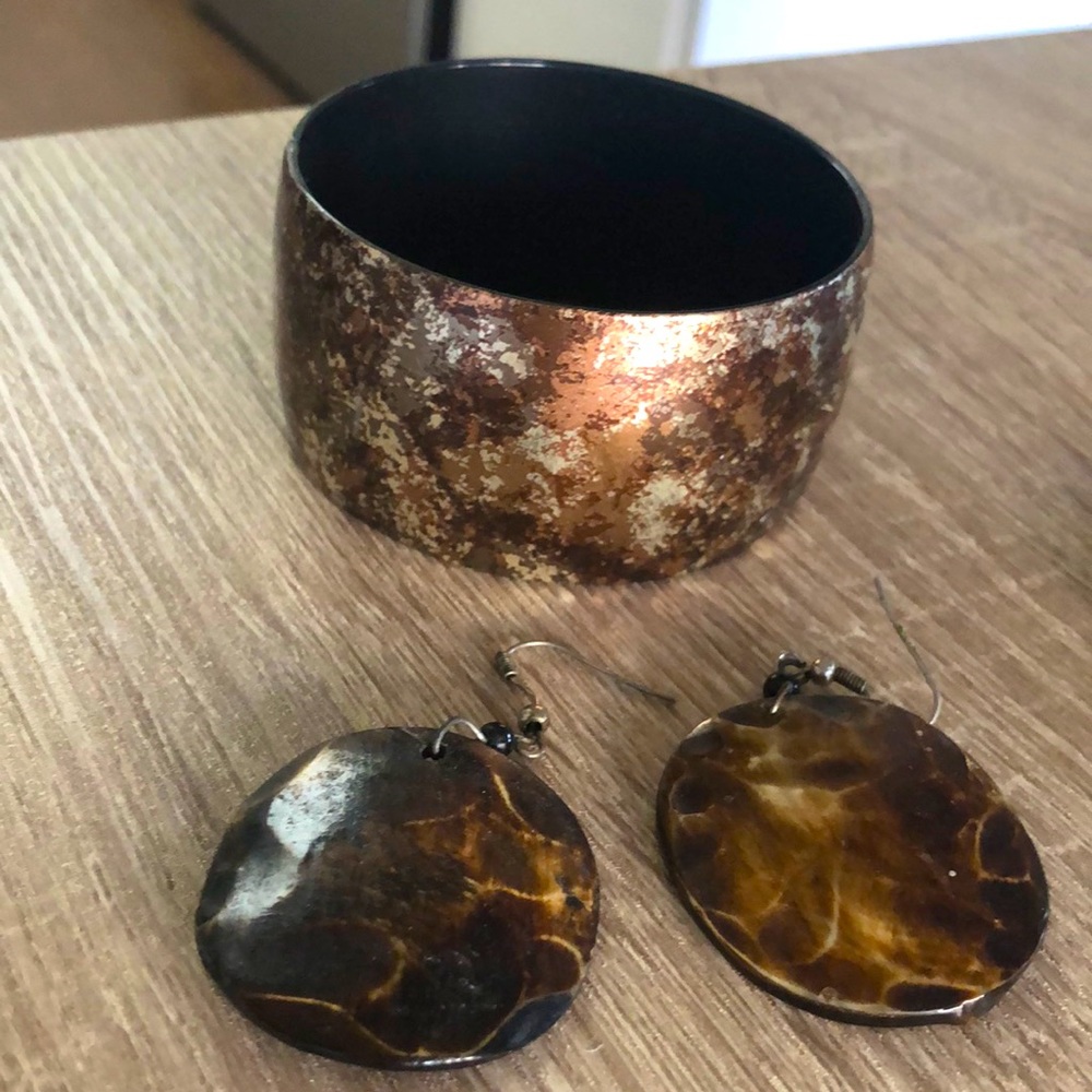 Brown & gold beaded dangle earrings + bangle bracelet bundle